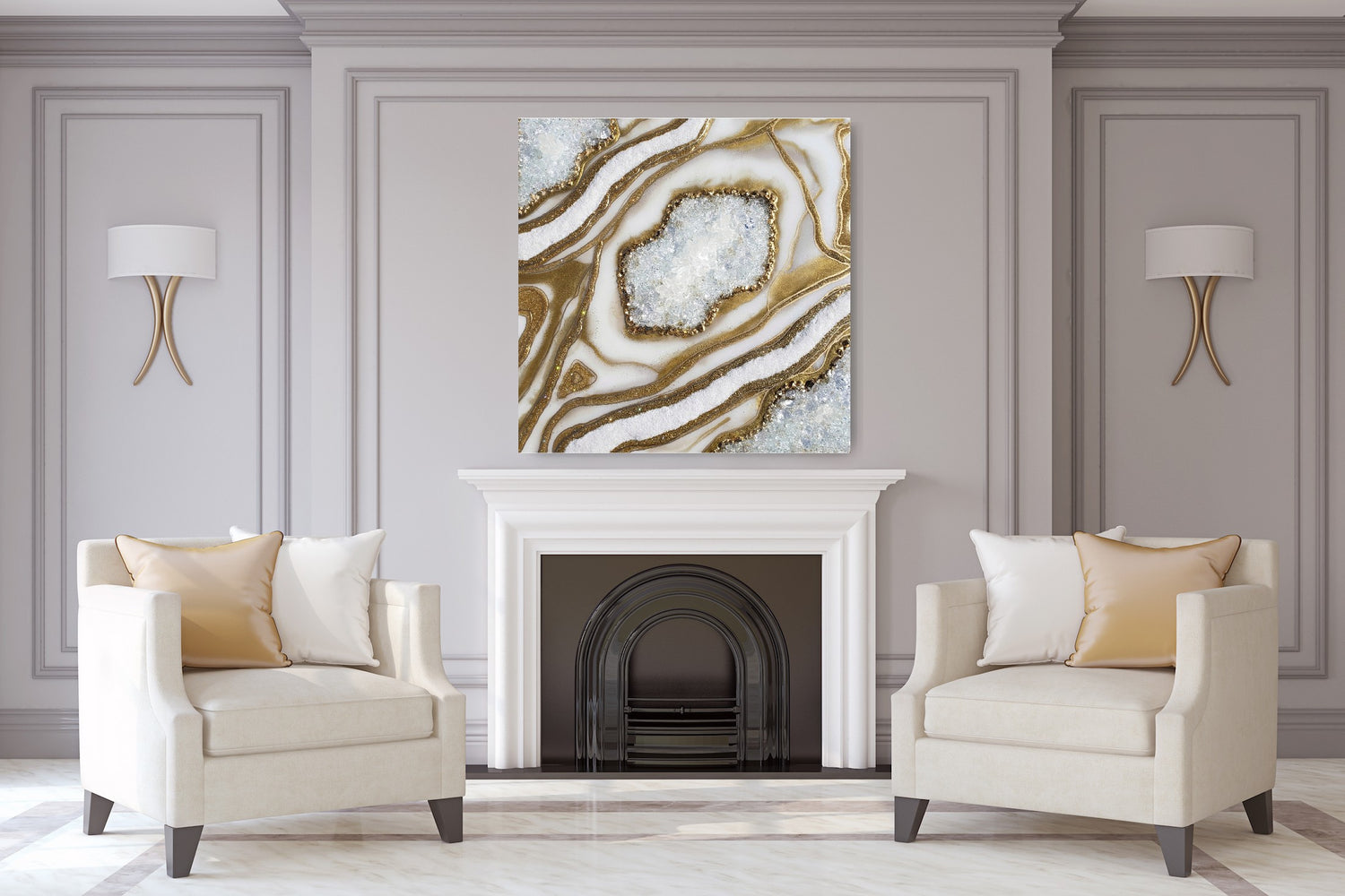 White and Gold Geode Resin Painting