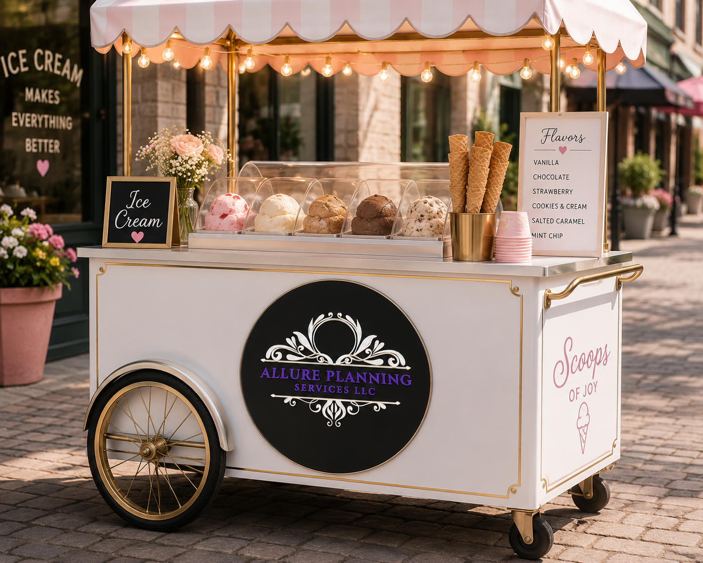 Acrylic business sign on ice cream cart
