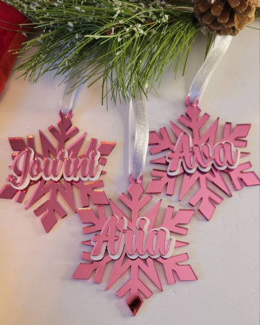 Pink mirror snowflake ornaments
