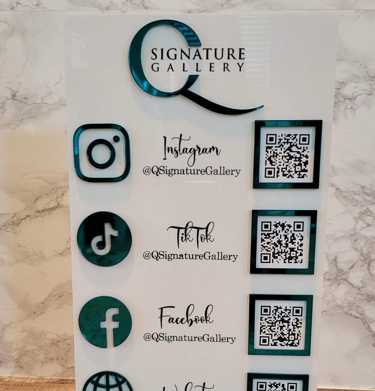 Teal Mirror Social media sign with logo