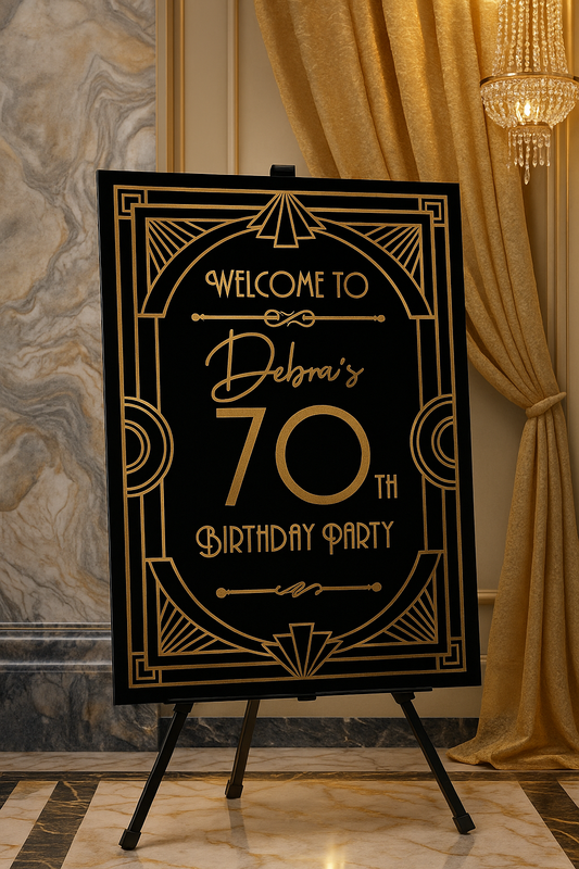 Decorative sign for a 70th birthday party on an easel with elegant background