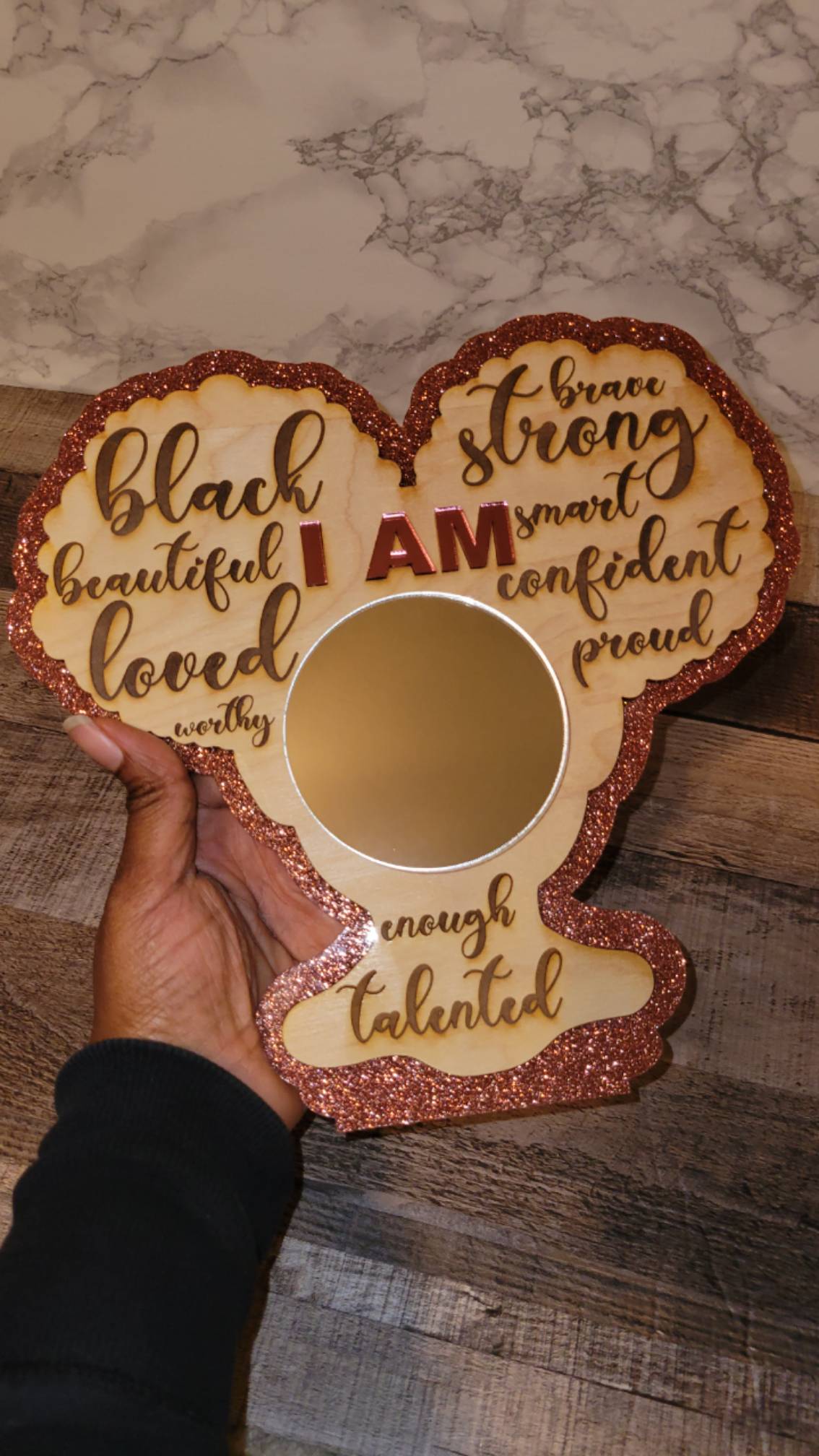 Affirmation mirror with black girl with Afro puffs wood cutout and pink glitter acrylic