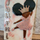 Little ballerina resin painting black girl with afro puffs, pink crushed glass dress. Says the name Journi on the side
