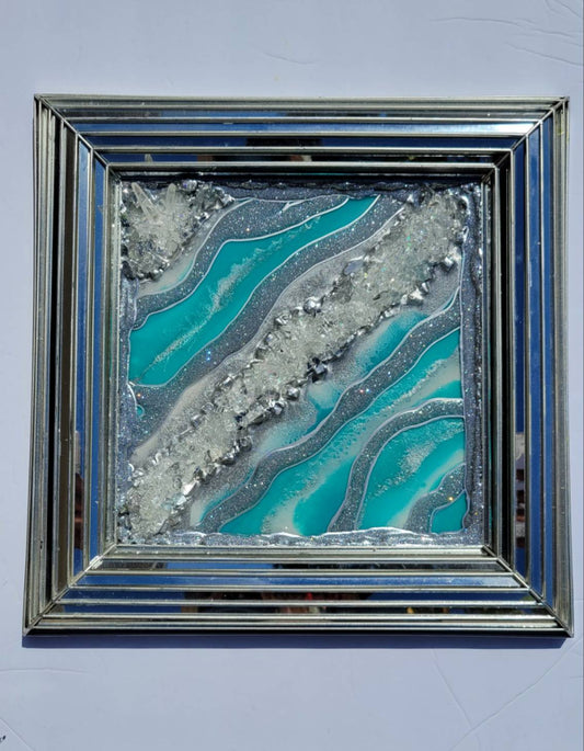 teal and silver painting with mirror frame