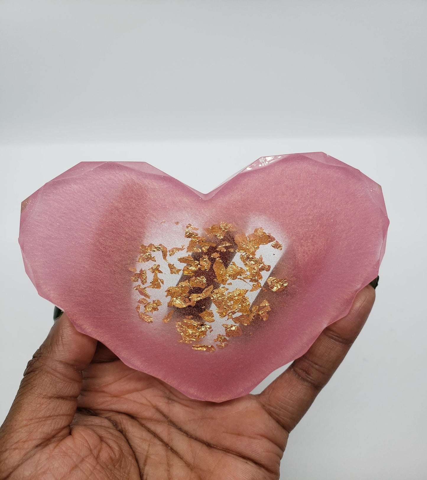 Pink and gold flake resin heart coasters
