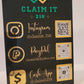 Social media sign with 3 QR codes and icons. Black and gold with green logo
