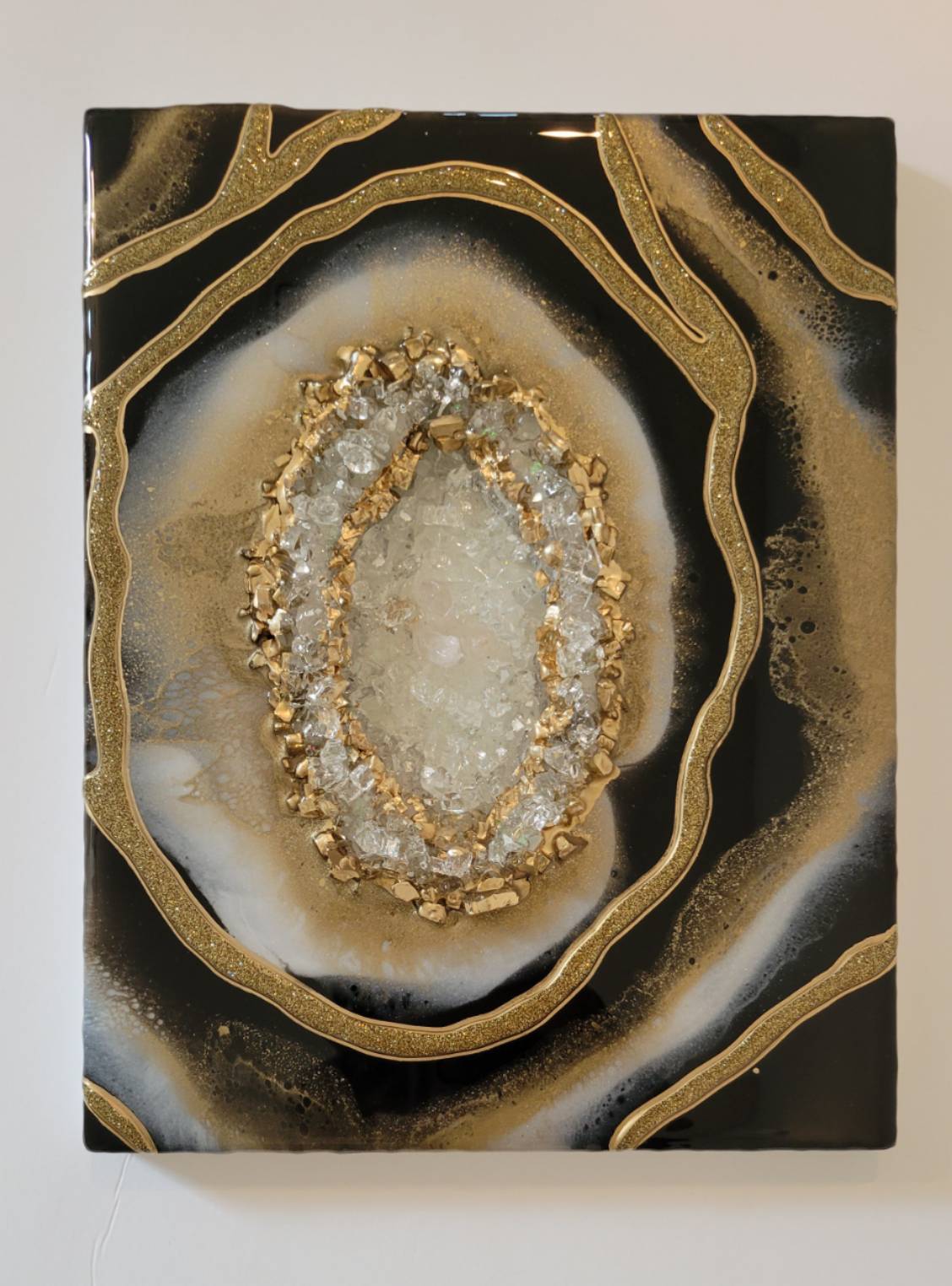 3D black, white and gold geode painting with quartz details