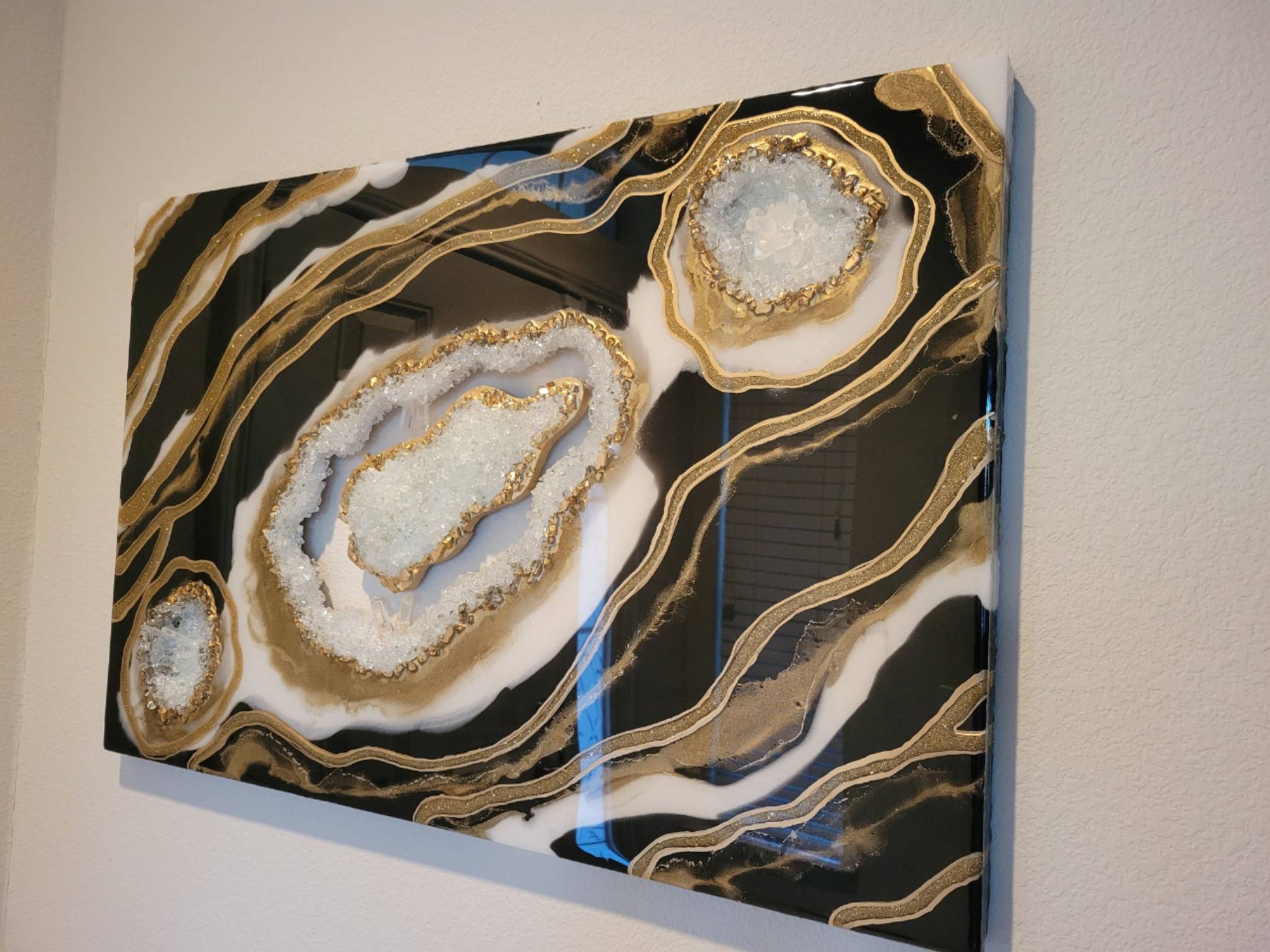 Black, white, and gold 24x36 resin geode painting