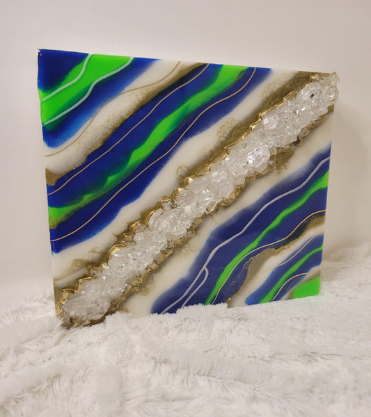 blue, lime green, white and gold resin geode painting