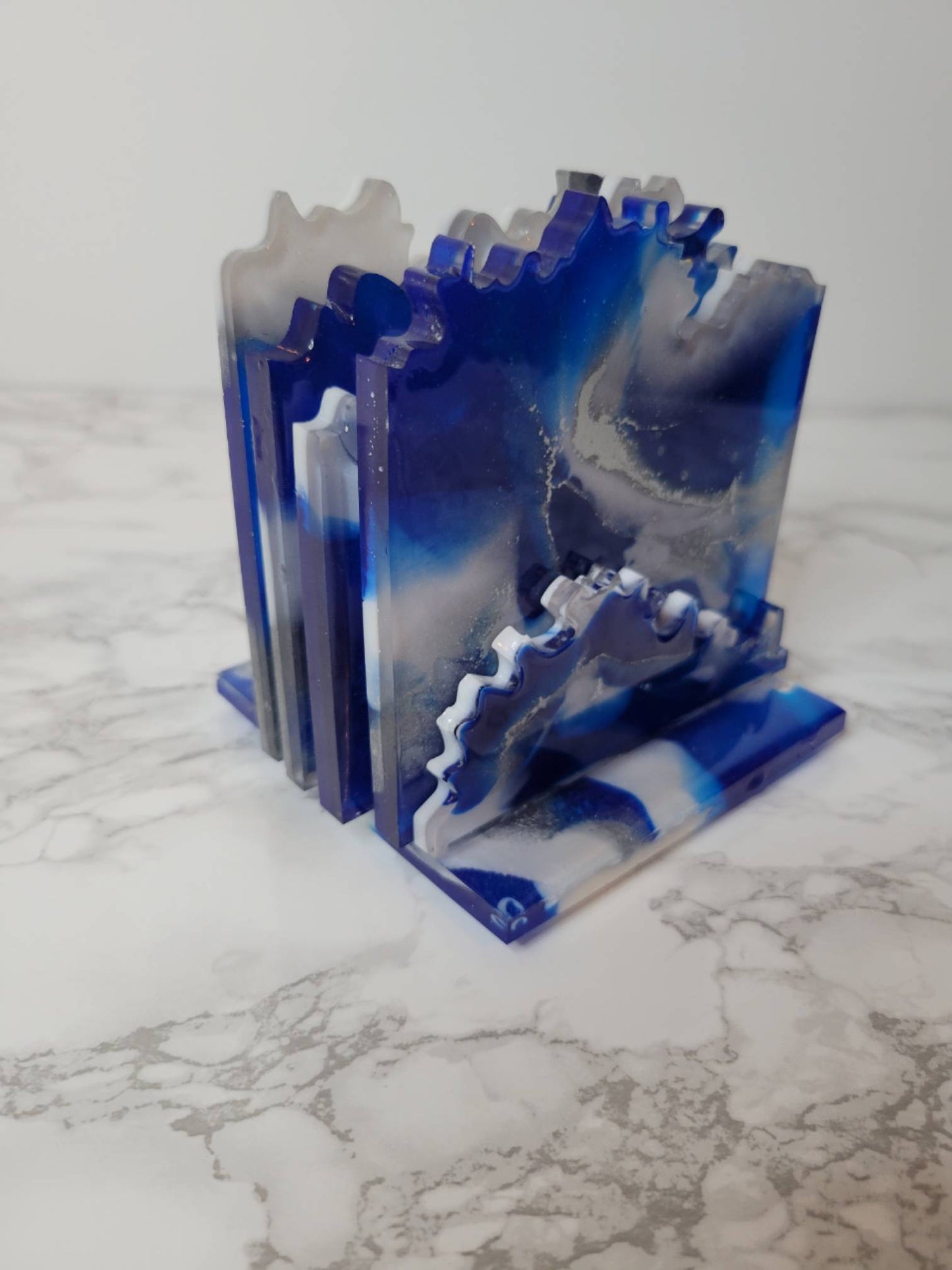 Blue, white and silver geode coaster set with holder